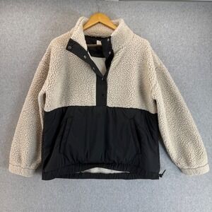 Lou & Grey Sherpa Pullover Button Fleece Jacket Colorblock Black‎ Beige Medium